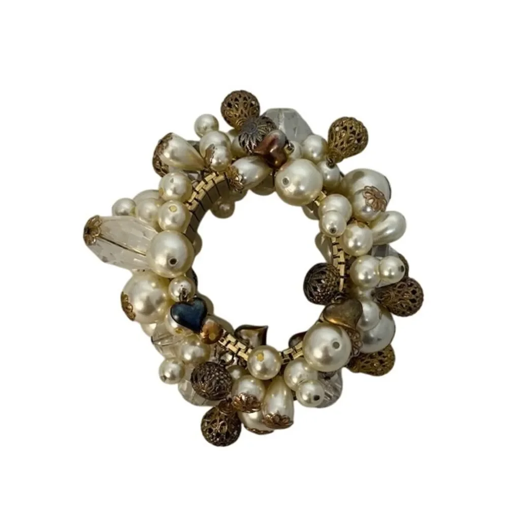 VTG Expansion Cha Cha Bracelet White Faux Pearl Crystal Filigree Dangle Beads